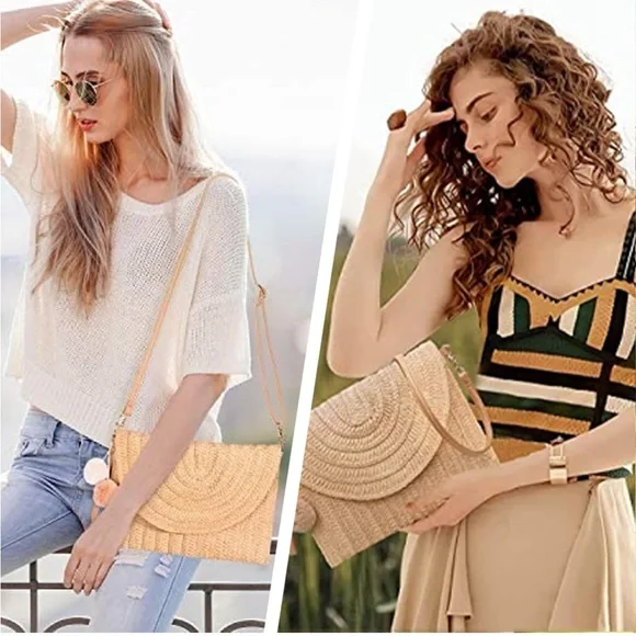 Summer straw style cross body woven bag with pom poms - Beige/tan - Picture 5 of 7